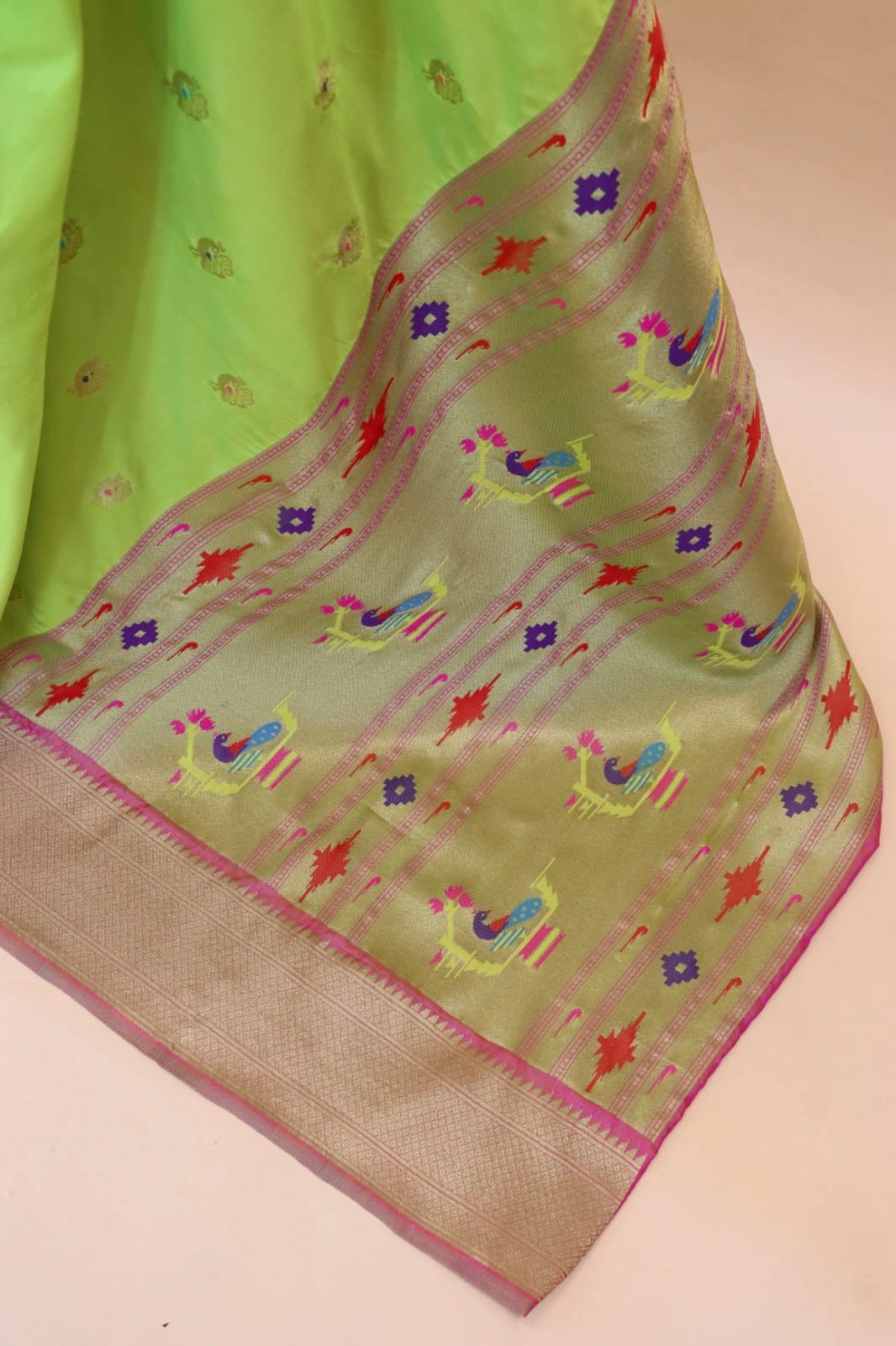 Paithani Silk Saree: Luxurious Pure Silk with Gold Jari Embellishments-Pista-1