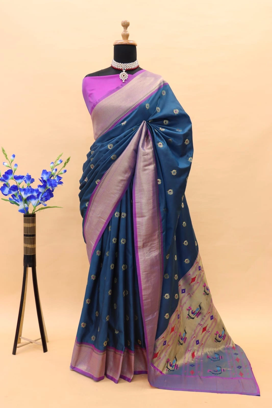 Paithani Silk Saree: Luxurious Pure Silk with Gold Jari Embellishments-PTN-01-PeacockBlue