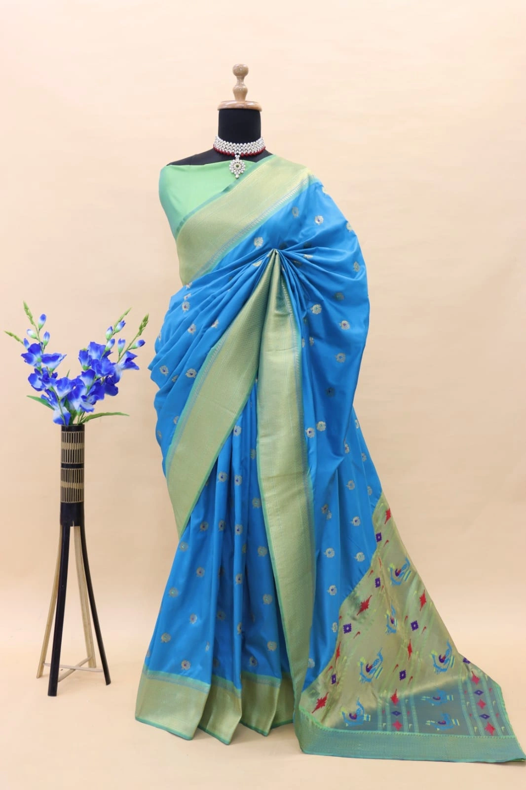 Paithani Silk Saree: Luxurious Pure Silk with Gold Jari Embellishments-PTN-01-SkyBlue