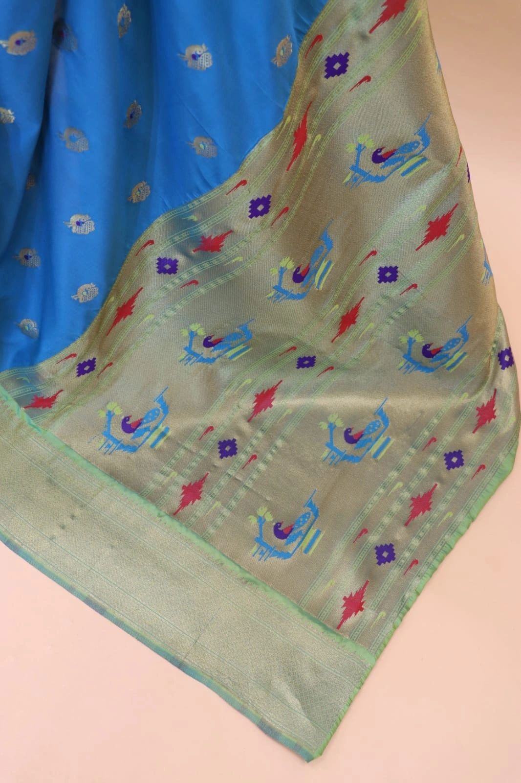 Paithani Silk Saree: Luxurious Pure Silk with Gold Jari Embellishments-Sky Blue-1