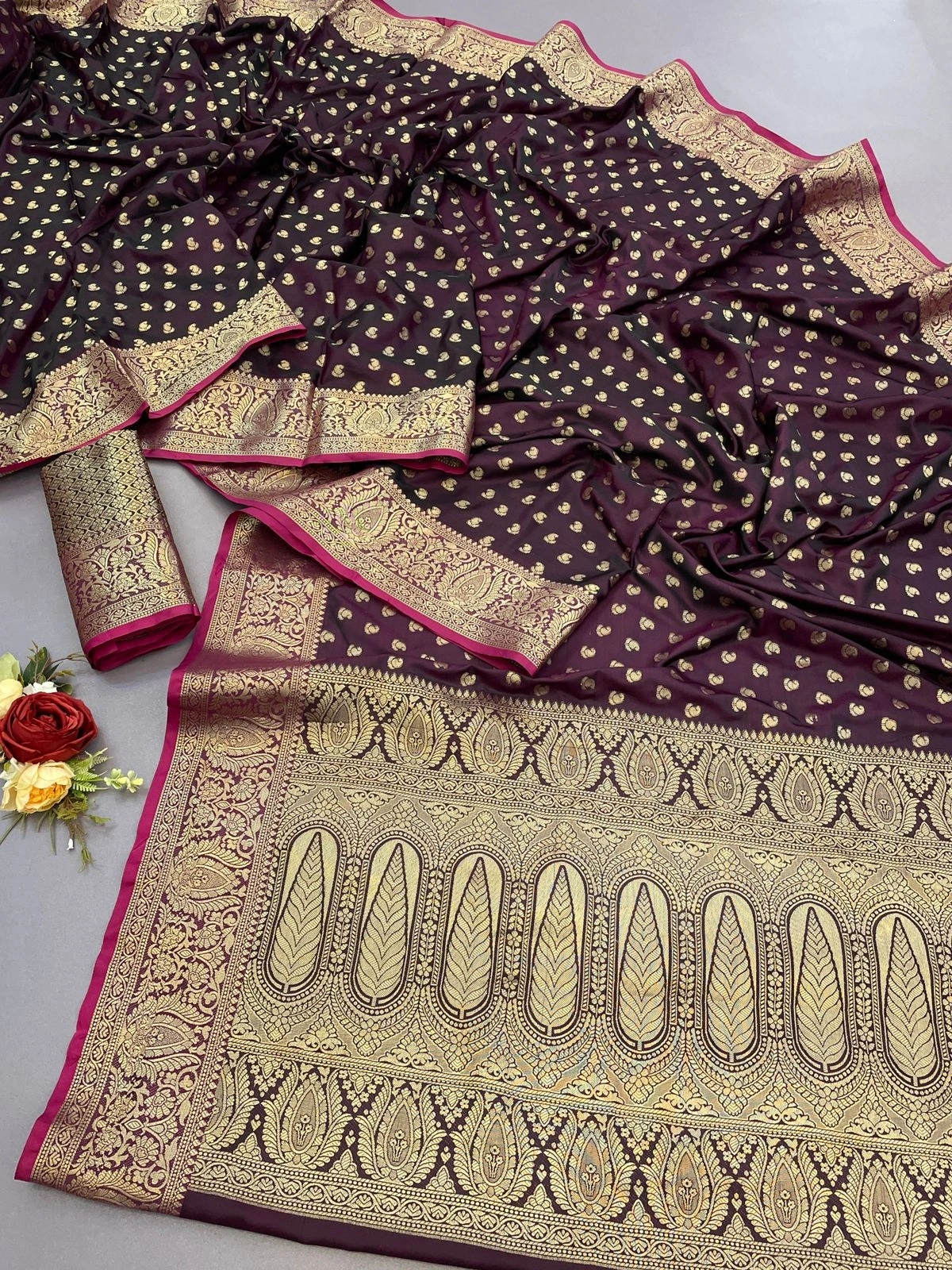 Satin Silk Saree: Golden Jari Work, Pink Border, Stunning Design!-PCF-02-Wine