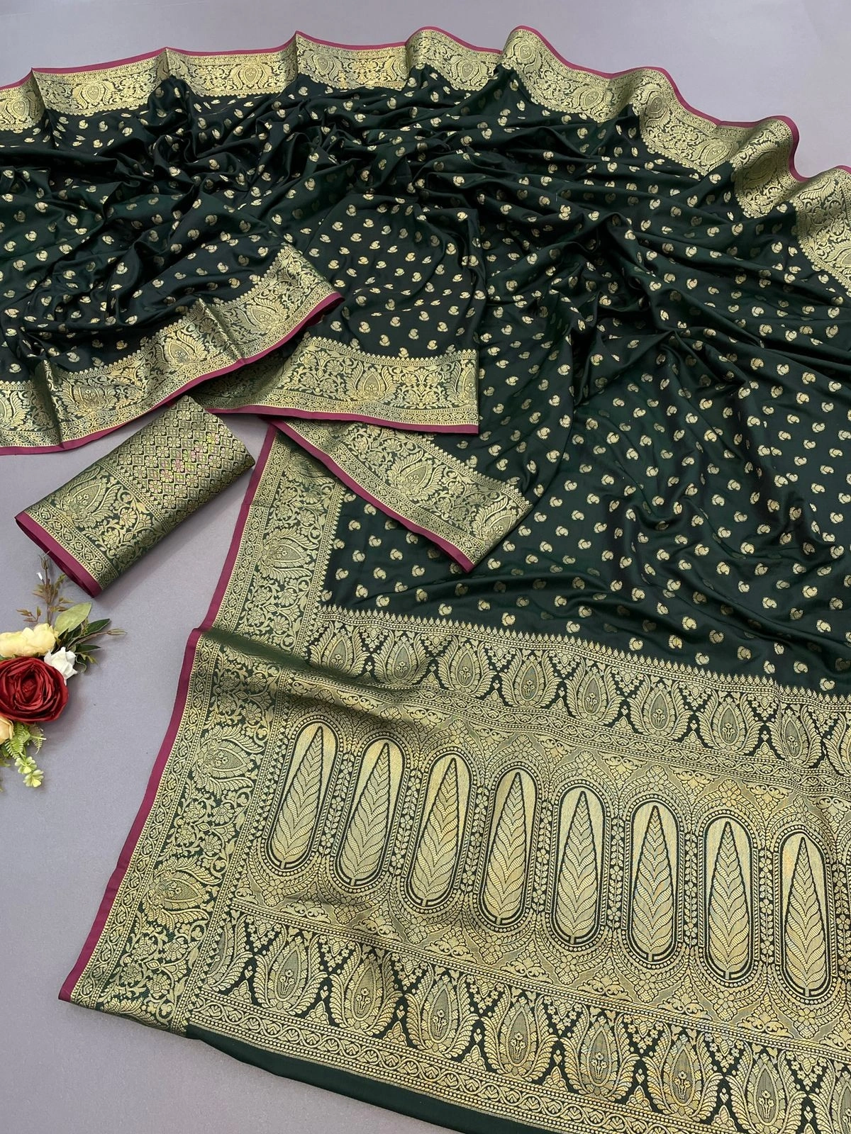 Satin Silk Saree: Golden Jari Work, Pink Border, Stunning Design!-Green-2