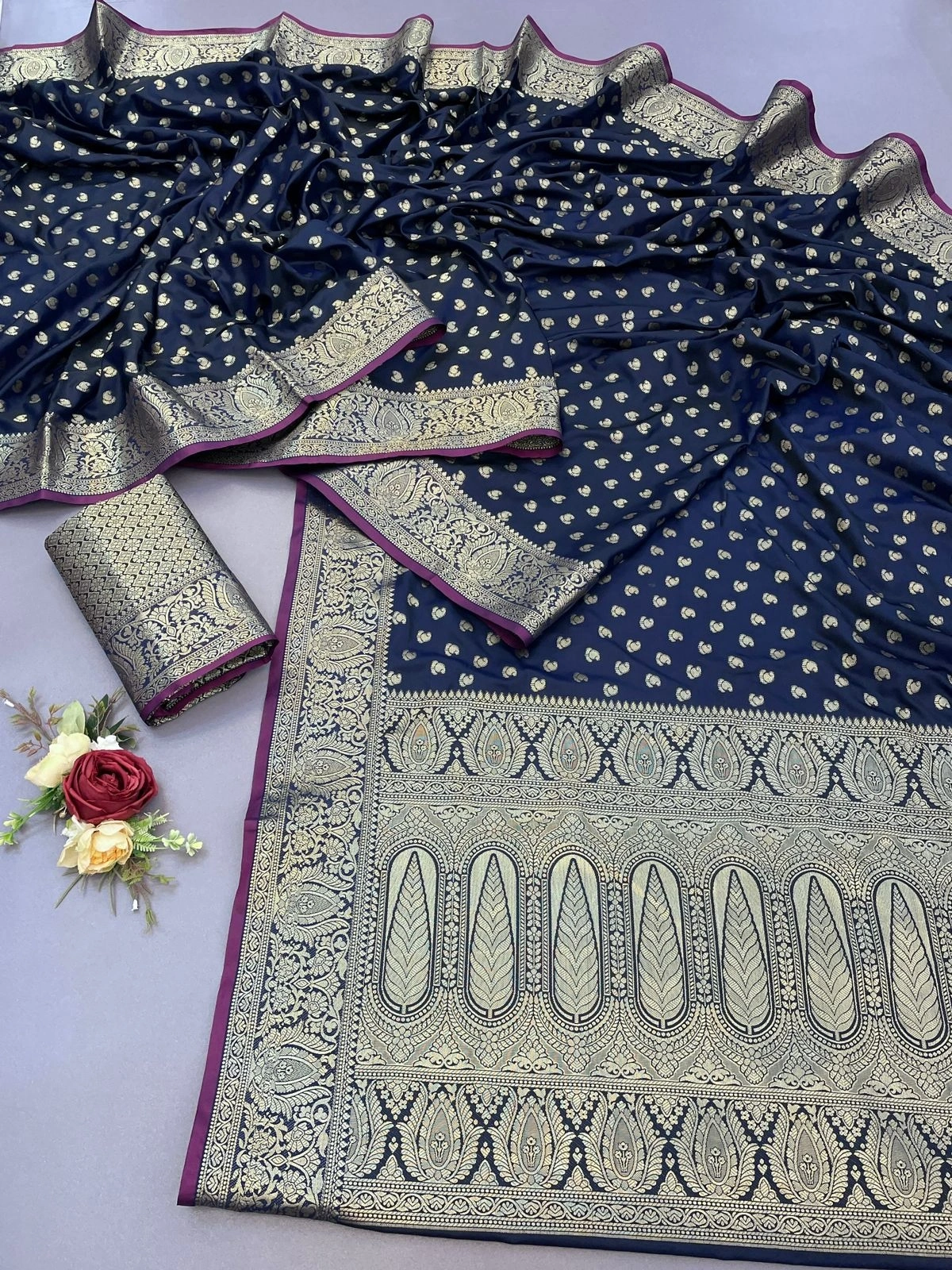 Satin Silk Saree: Golden Jari Work, Pink Border, Stunning Design!-Navy Blue-2