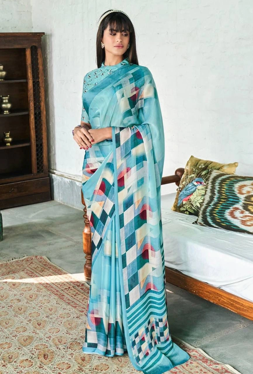 High-Quality Digital Printed Crepe Silk Sarees with Matching Blouse-VAD-17-SkyBlue