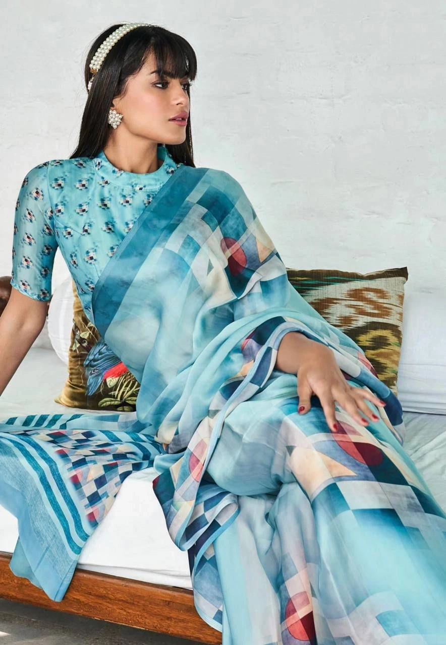 High-Quality Digital Printed Crepe Silk Sarees with Matching Blouse-Sky Blue-1