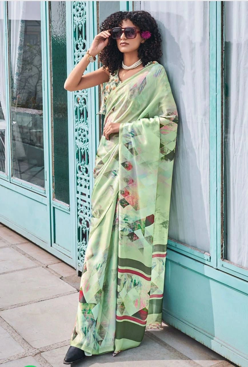 High-Quality Digital Printed Crepe Silk Sarees with Matching Blouse-VAD-17-Green