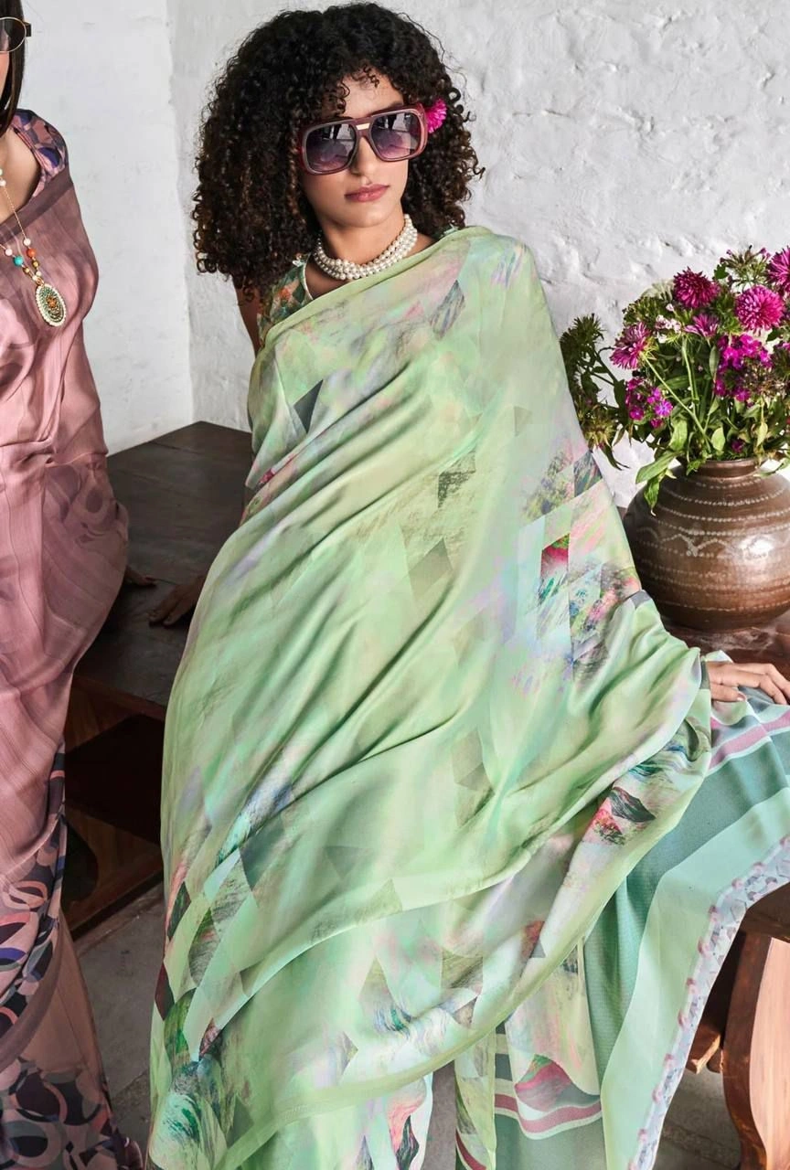 High-Quality Digital Printed Crepe Silk Sarees with Matching Blouse-Green-1