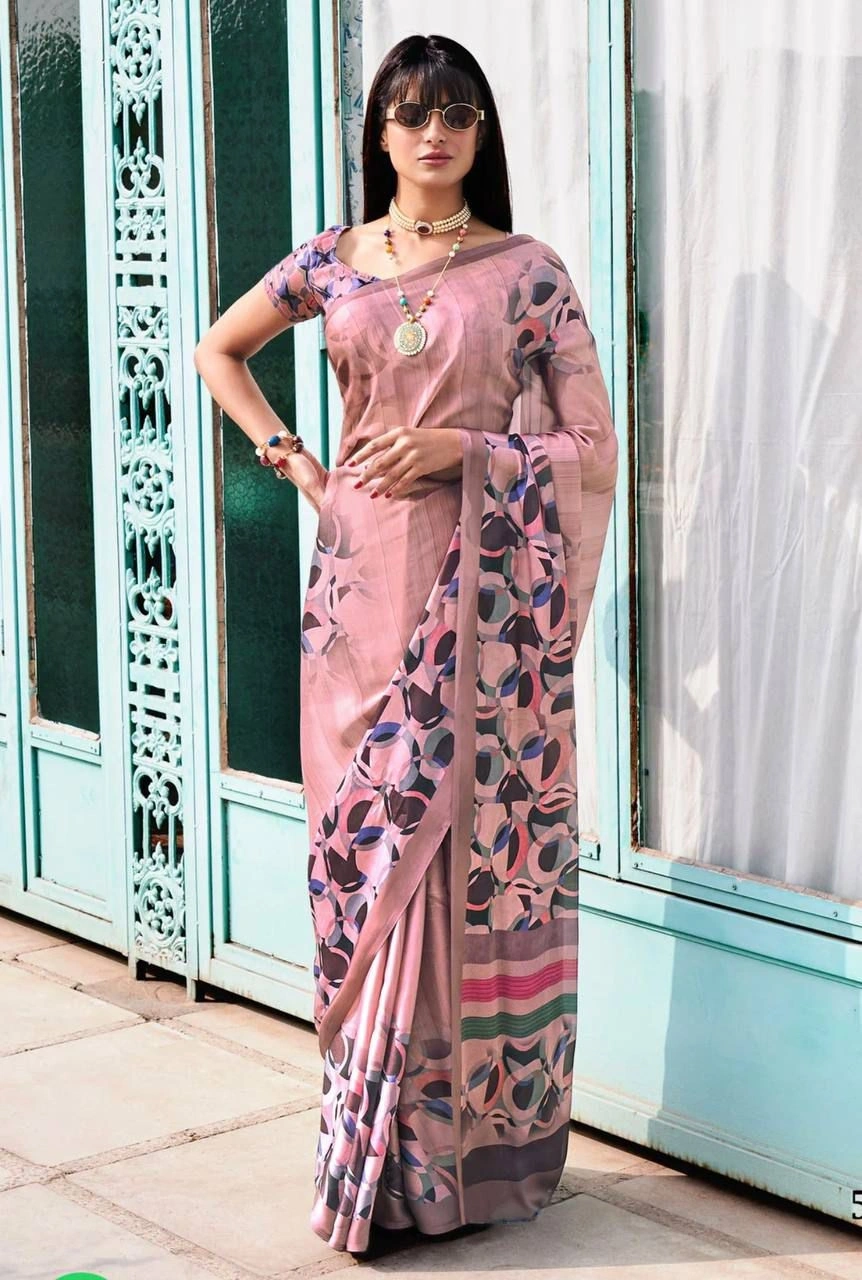 High-Quality Digital Printed Crepe Silk Sarees with Matching Blouse-VAD-17-Peach