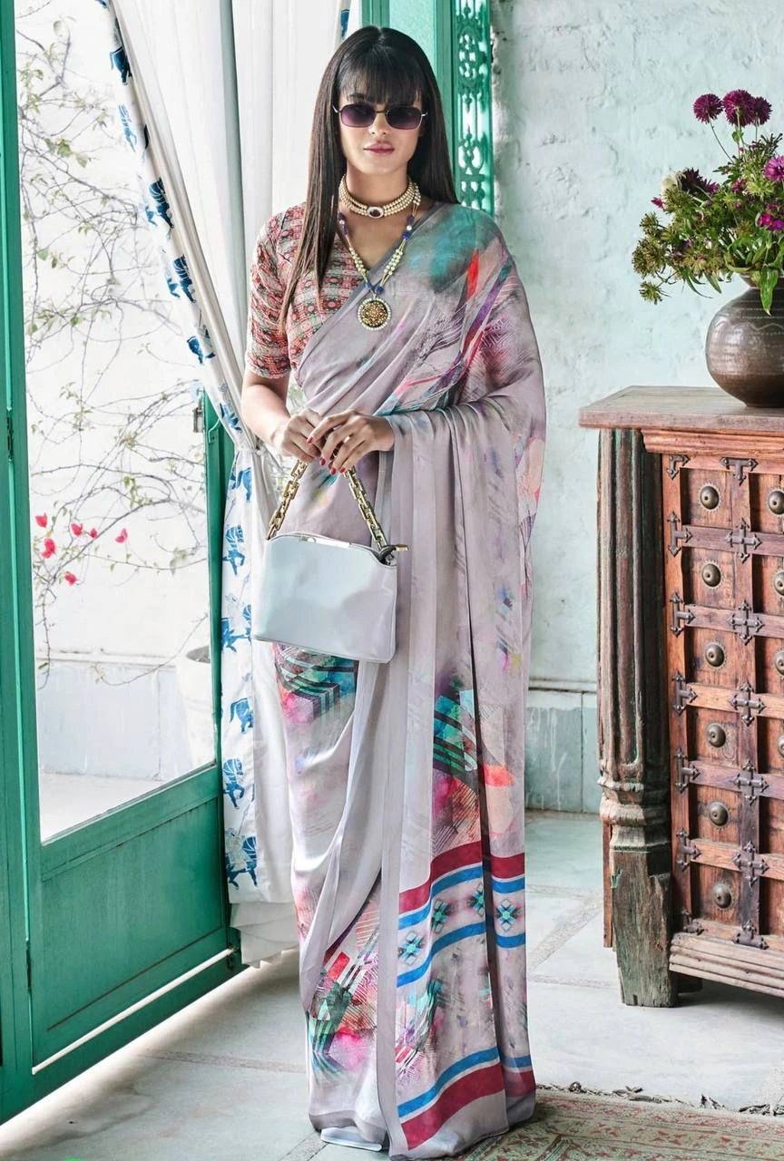 High-Quality Digital Printed Crepe Silk Sarees with Matching Blouse-VAD-17-Grey