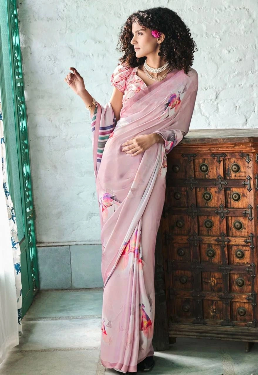 High-Quality Digital Printed Crepe Silk Sarees with Matching Blouse-VAD-17-Lavander