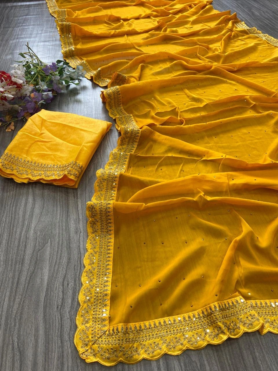 Rangoli Silk Saree with Diamond and Sequin Embellishments-Yellow-1