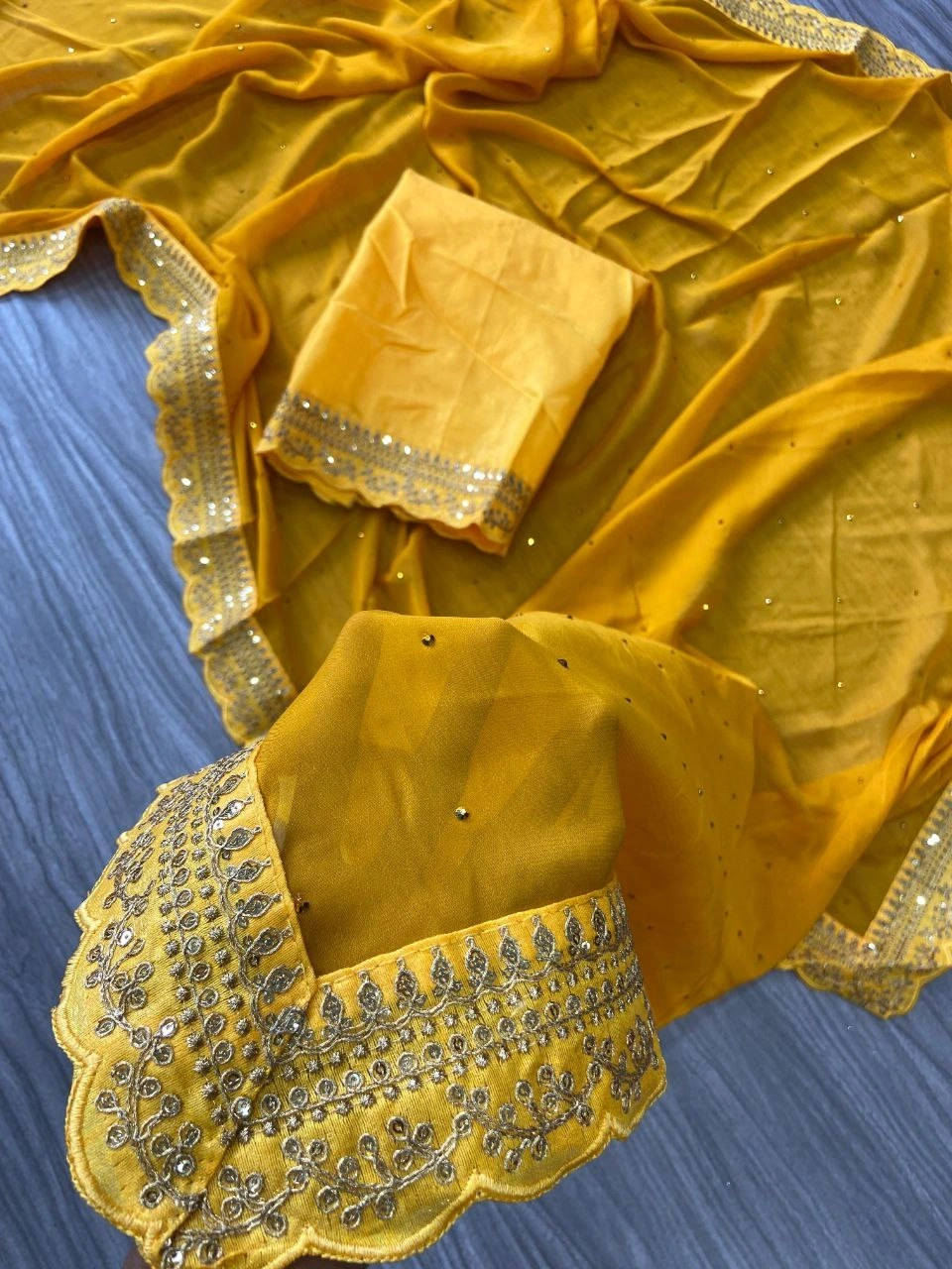 Rangoli Silk Saree with Diamond and Sequin Embellishments-Yellow-2