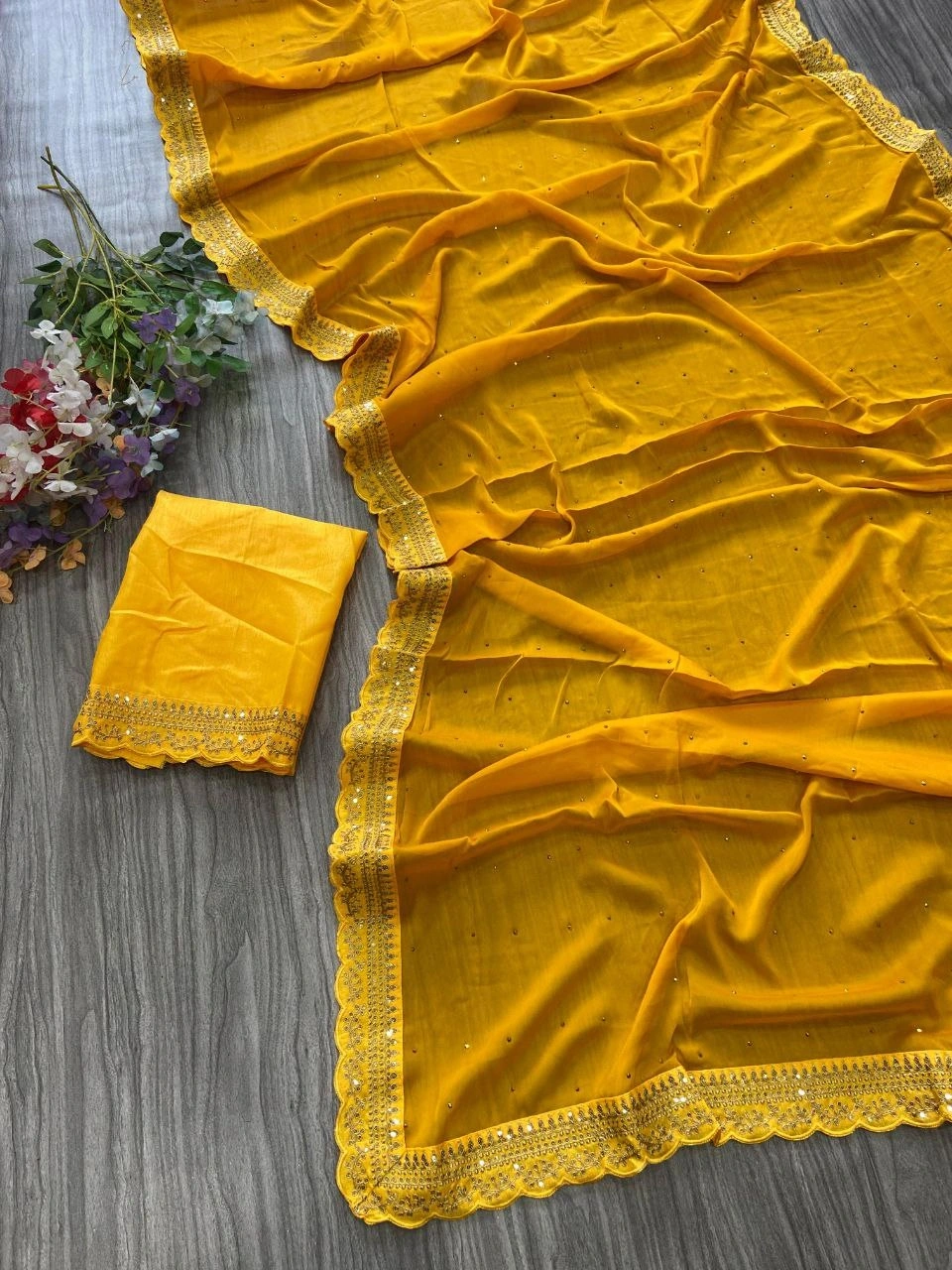 Rangoli Silk Saree with Diamond and Sequin Embellishments-Yellow-3