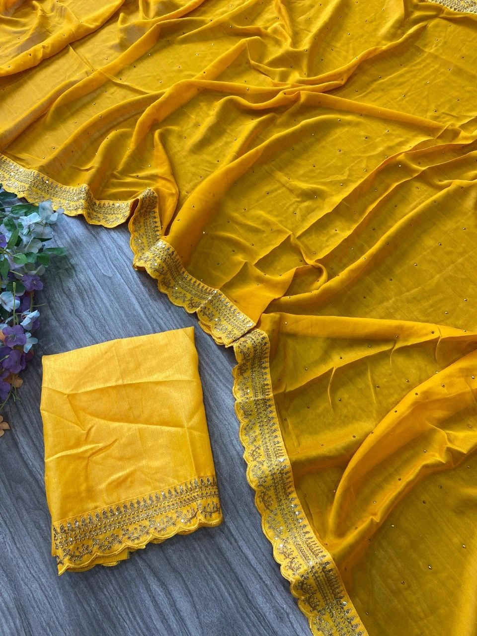 Rangoli Silk Saree with Diamond and Sequin Embellishments-Yellow-4