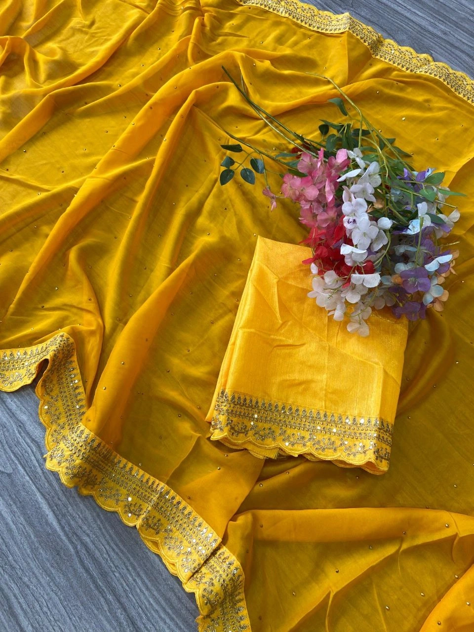 Rangoli Silk Saree with Diamond and Sequin Embellishments-Yellow-5