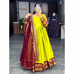 Cotton Silk Gown with Weaving Border - Free Size, Full Sleeve