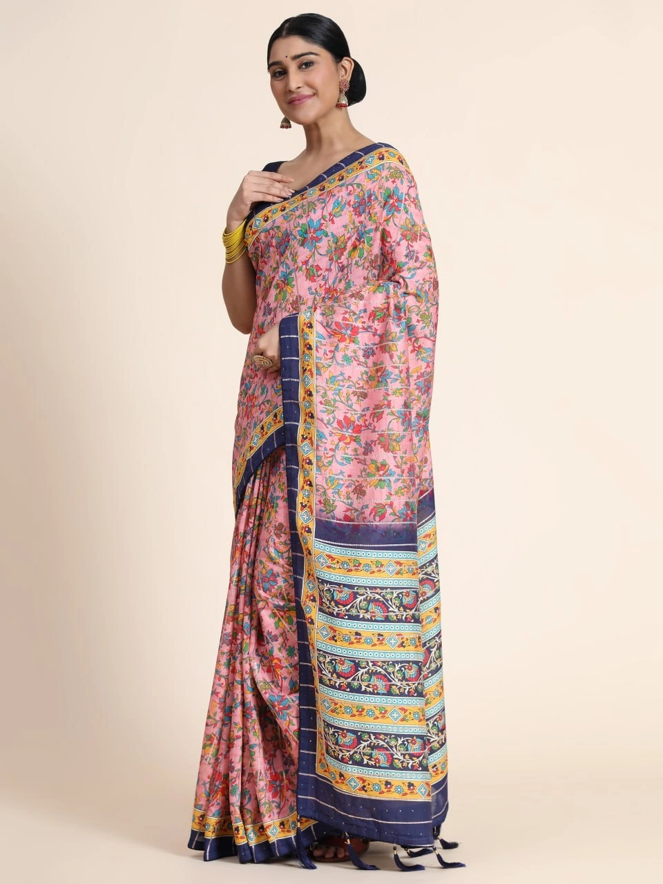 Chanderi Cotton Saree with Silk Blouse - Vibrant Digital Print-Pink-1