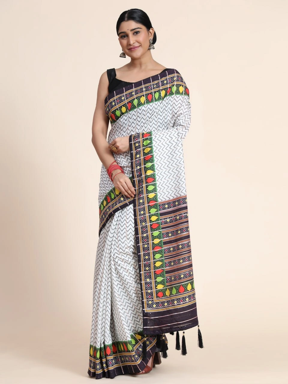 Chanderi Cotton Saree with Silk Blouse - Vibrant Digital Print-Grey-1