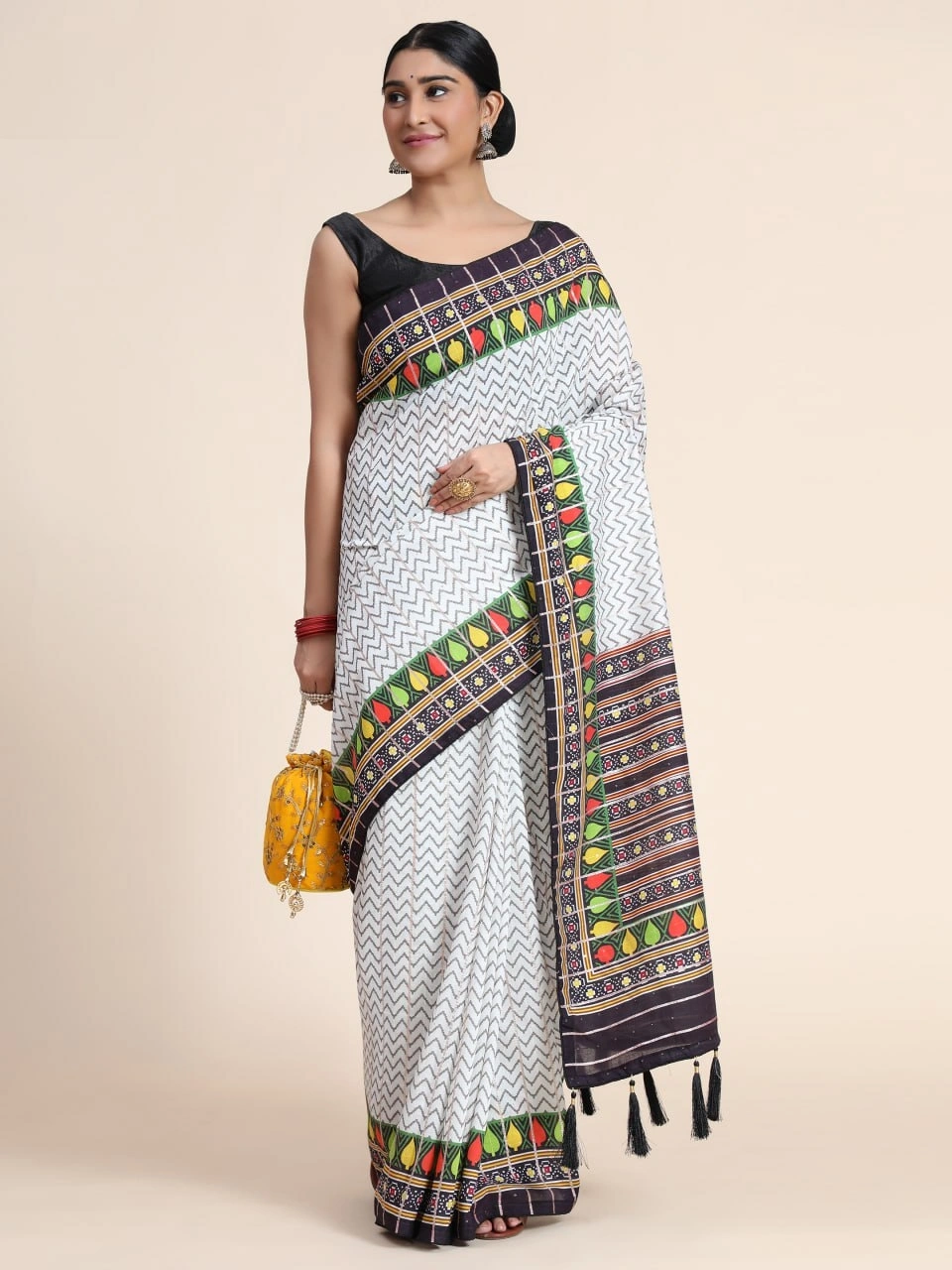 Chanderi Cotton Saree with Silk Blouse - Vibrant Digital Print-Grey-2