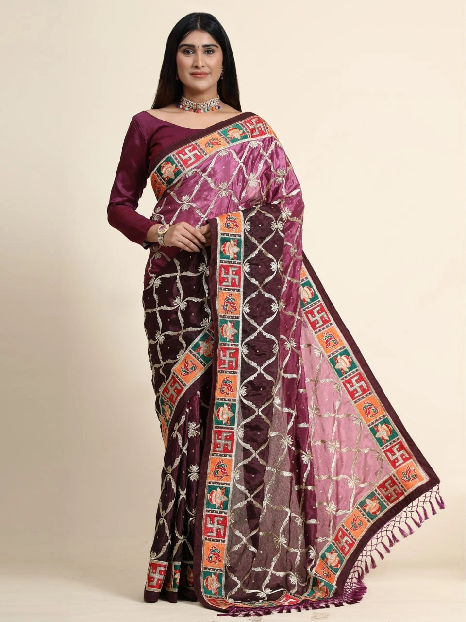 Chinon Padding Soft Silk Saree with Embroidery and Diamond Work-RSC-PANETAR-125-Wine