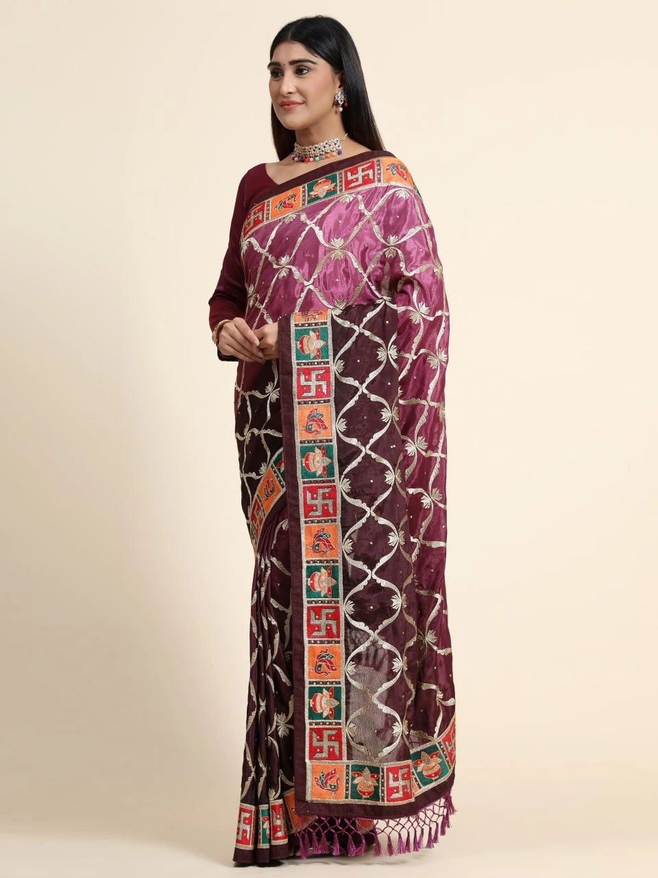 Chinon Padding Soft Silk Saree with Embroidery and Diamond Work-Wine-1