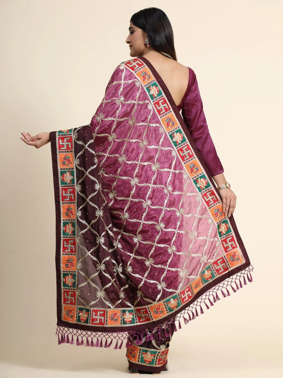 Chinon Padding Soft Silk Saree with Embroidery and Diamond Work-Wine-2