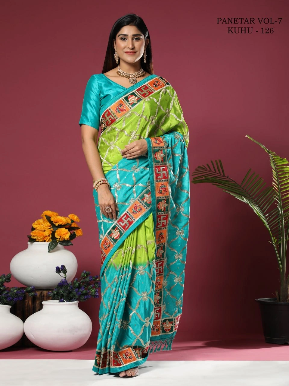 Chinon Padding Soft Silk Saree with Embroidery and Diamond Work-RSC-PANETAR-126-Pista