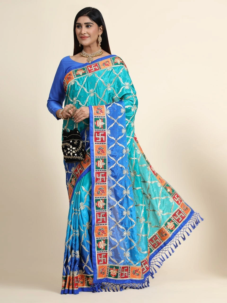 Chinon Soft Silk Saree with Embroidery and Diamond Work-Rama-1