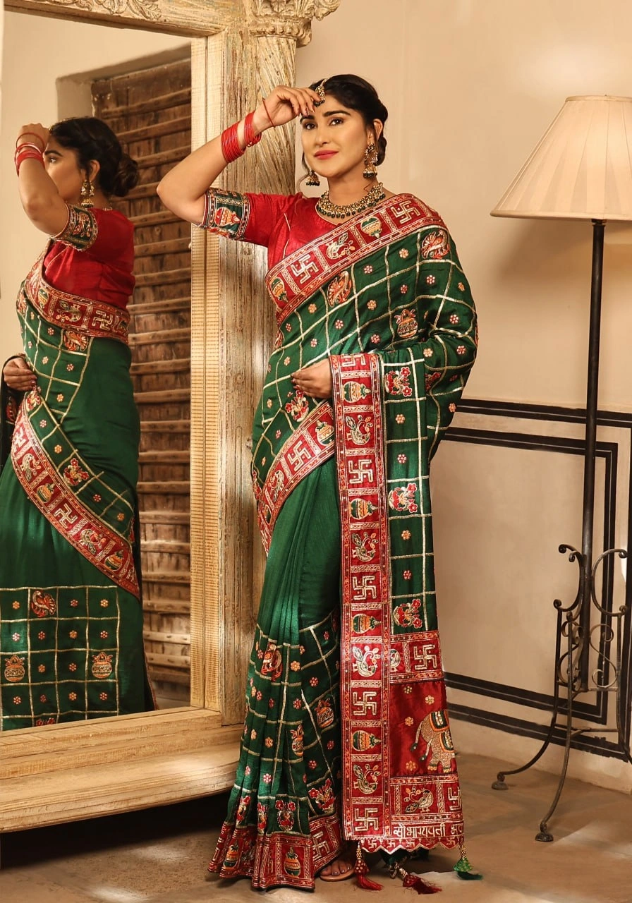 Luxurious Silk Saree with Exquisite Embroidery and Diamond Accents-RSC-PANETAR-131-Green