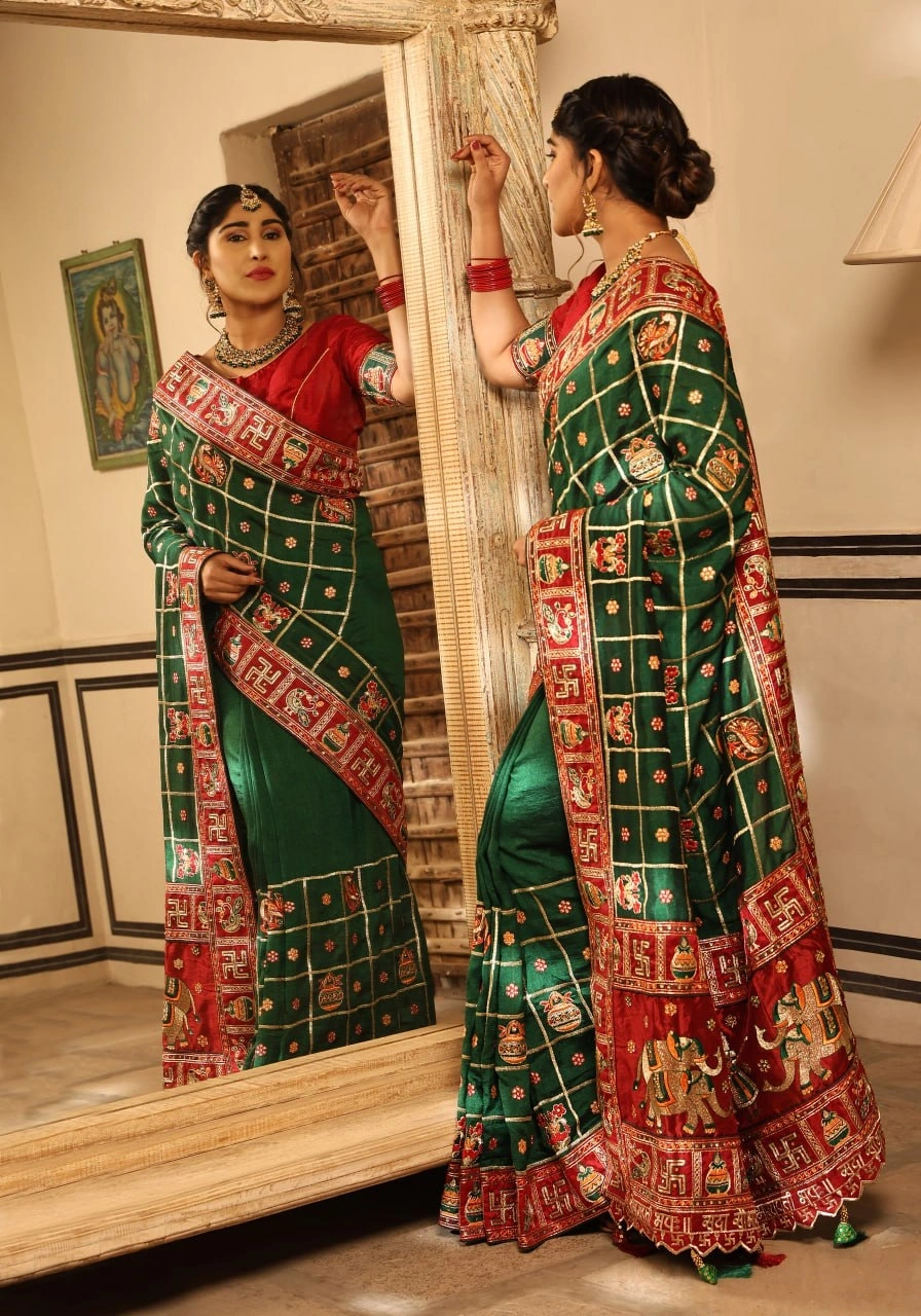 Luxurious Silk Saree with Exquisite Embroidery and Diamond Accents-Green-2