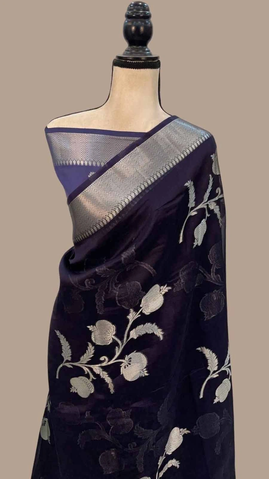 Antique Zari Crepe Silk Saree with Tassels and Barcode Blouse-ANT-27-Black