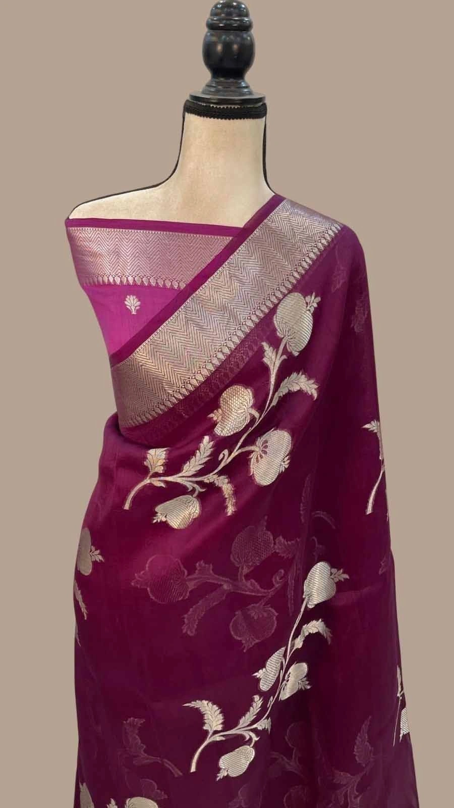 Antique Zari Crepe Silk Saree with Tassels and Barcode Blouse-Wine-2