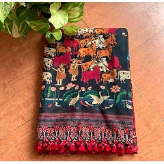 Fancy Tasseled Linen Saree with Kalamkari Print
