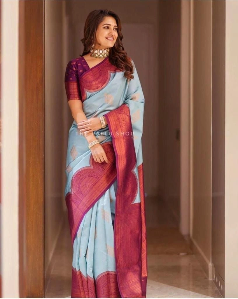 Soft Lichi Silk Saree: Rich Pallu, Jacquard Work, Beautiful Border Blouse-RDM-20-Firozi