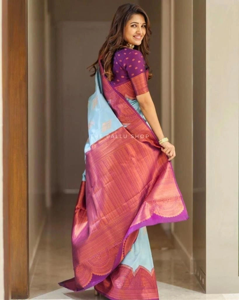 Soft Lichi Silk Saree: Rich Pallu, Jacquard Work, Beautiful Border Blouse-Firozi-2