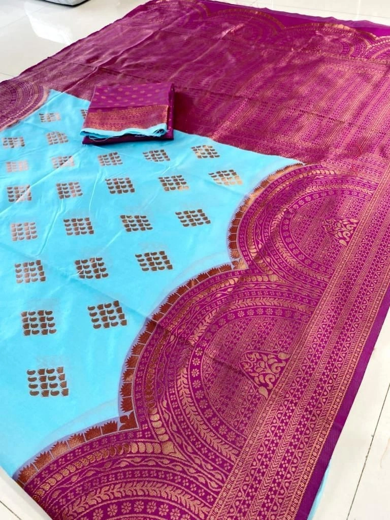 Soft Lichi Silk Saree: Rich Pallu, Jacquard Work, Beautiful Border Blouse-Firozi-3