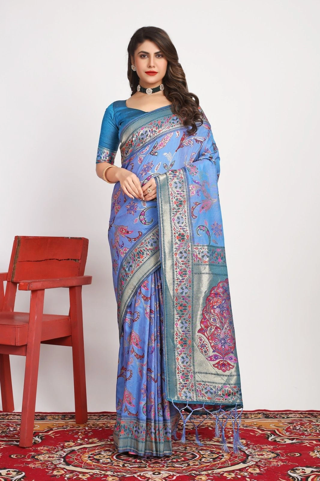 Pure Pashmina Silk Saree: Exquisite Weaving and Colorful Meena Work-POLI-01-Rama