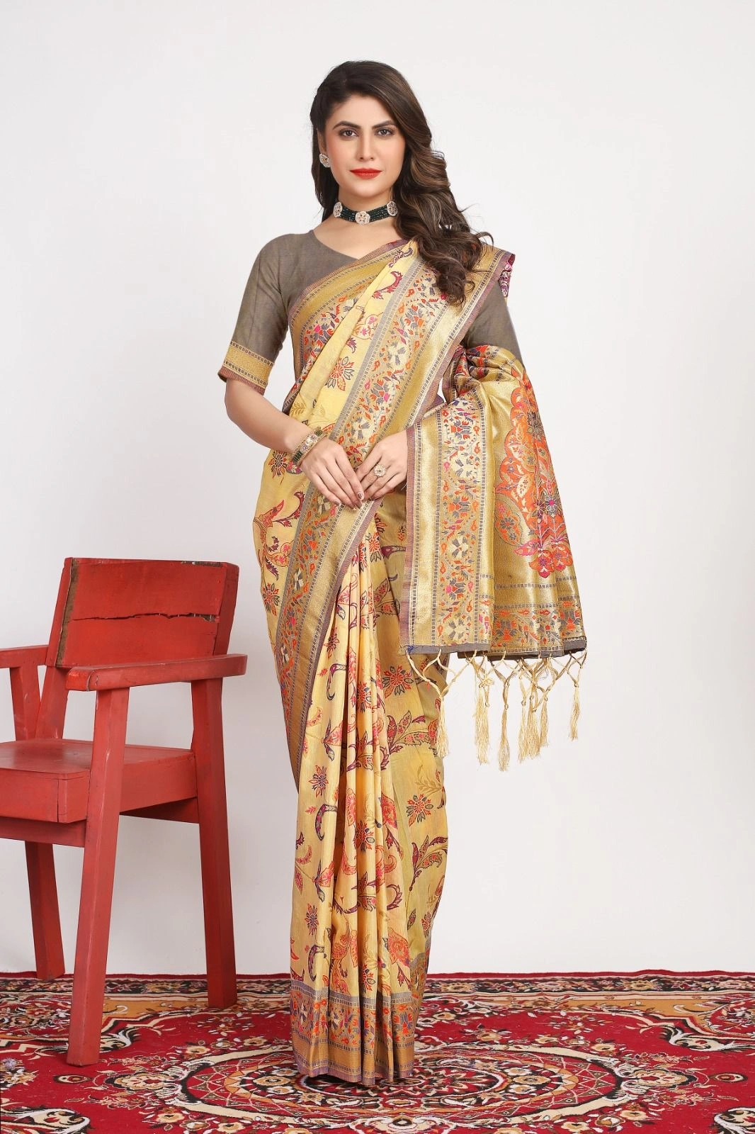 Pure Pashmina Silk Saree: Exquisite Weaving and Colorful Meena Work-POLI-01-Beige