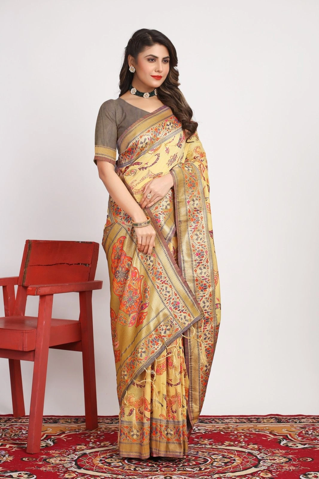 Pure Pashmina Silk Saree: Exquisite Weaving and Colorful Meena Work-Beige-1