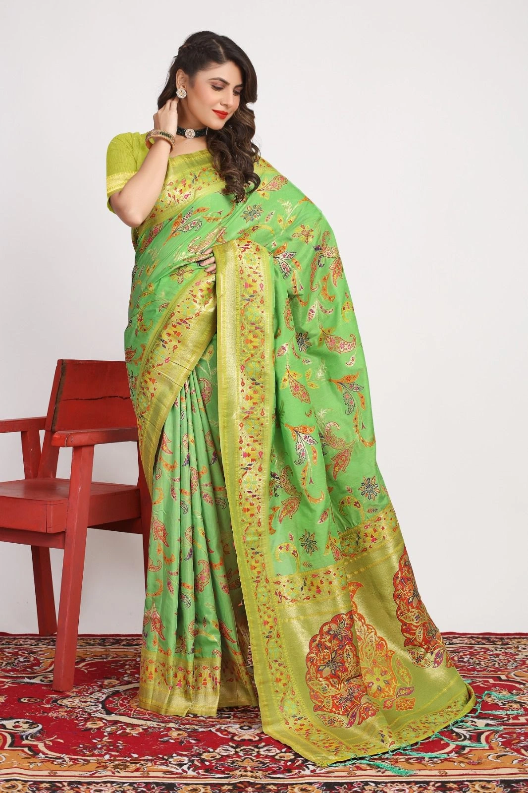 Pure Pashmina Silk Saree: Exquisite Weaving and Colorful Meena Work-POLI-01-Green