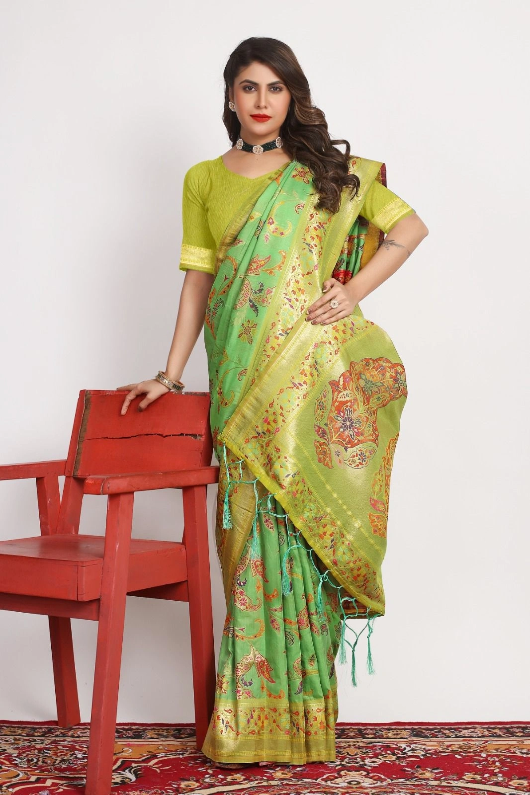 Pure Pashmina Silk Saree: Exquisite Weaving and Colorful Meena Work-Green-1