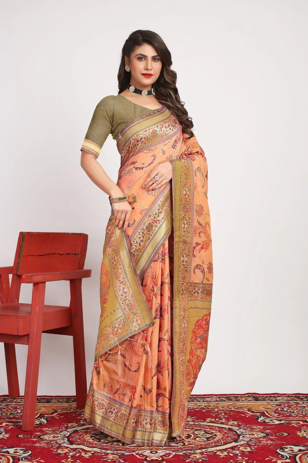 Pure Pashmina Silk Saree: Exquisite Weaving and Colorful Meena Work-POLI-01-Orange