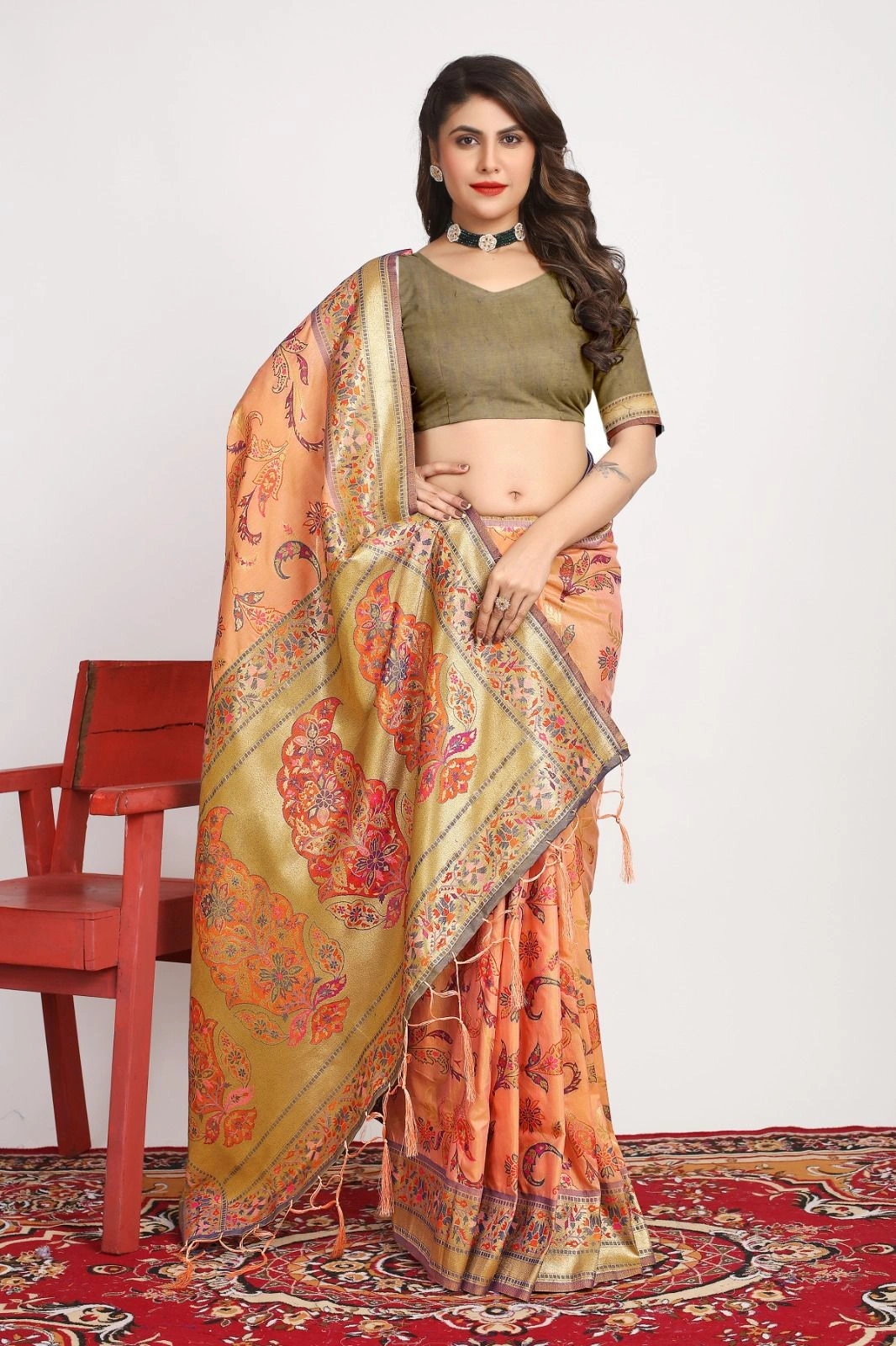 Pure Pashmina Silk Saree: Exquisite Weaving and Colorful Meena Work-Orange-1