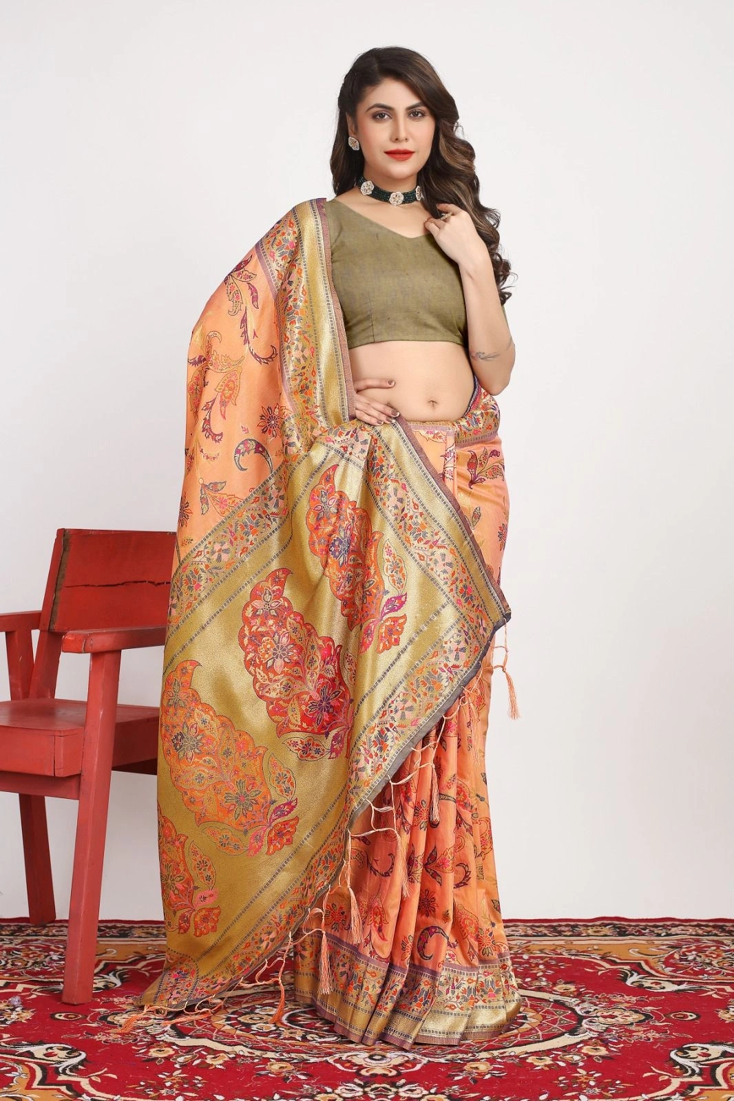 Pure Pashmina Silk Saree: Exquisite Weaving and Colorful Meena Work-Orange-2