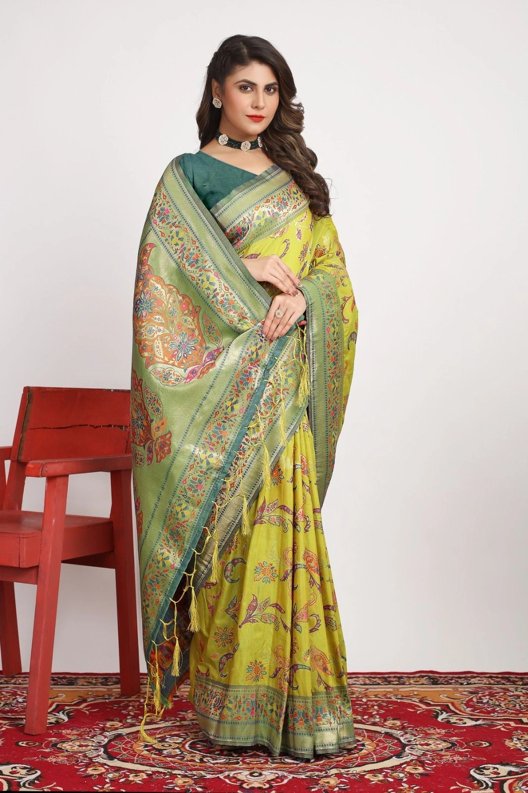 Pure Pashmina Silk Saree: Exquisite Weaving and Colorful Meena Work-POLI-01-Pista