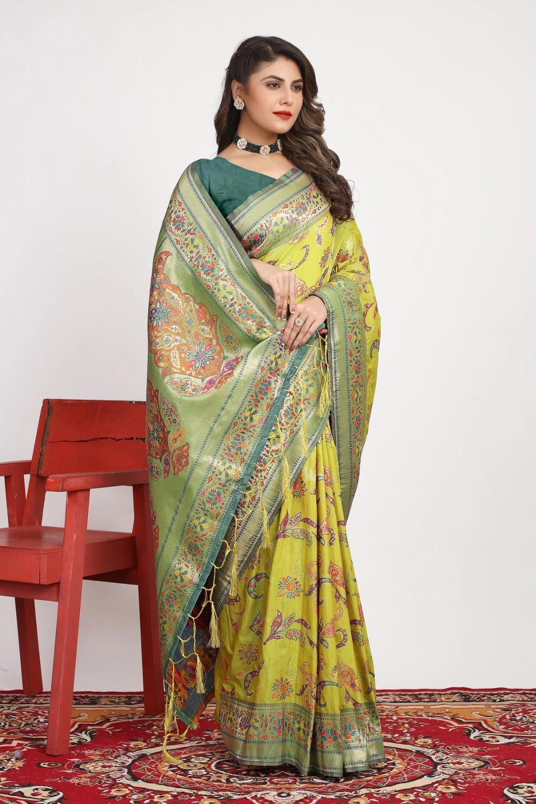 Pure Pashmina Silk Saree: Exquisite Weaving and Colorful Meena Work-Pista-1