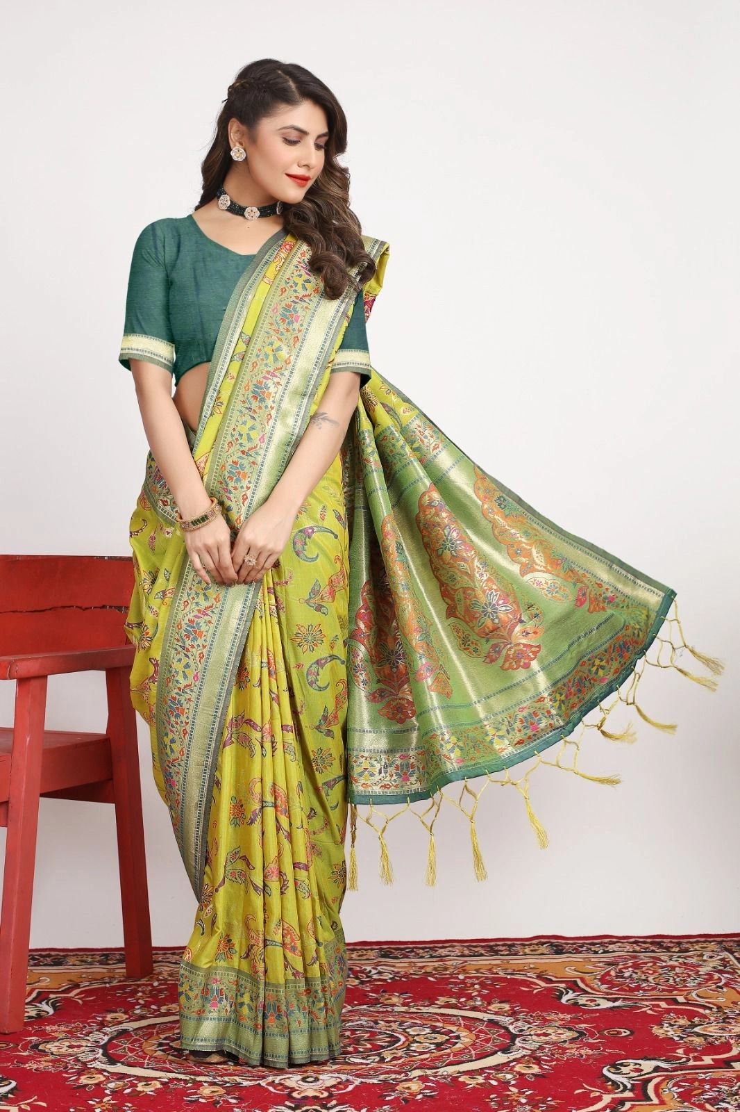 Pure Pashmina Silk Saree: Exquisite Weaving and Colorful Meena Work-Pista-2