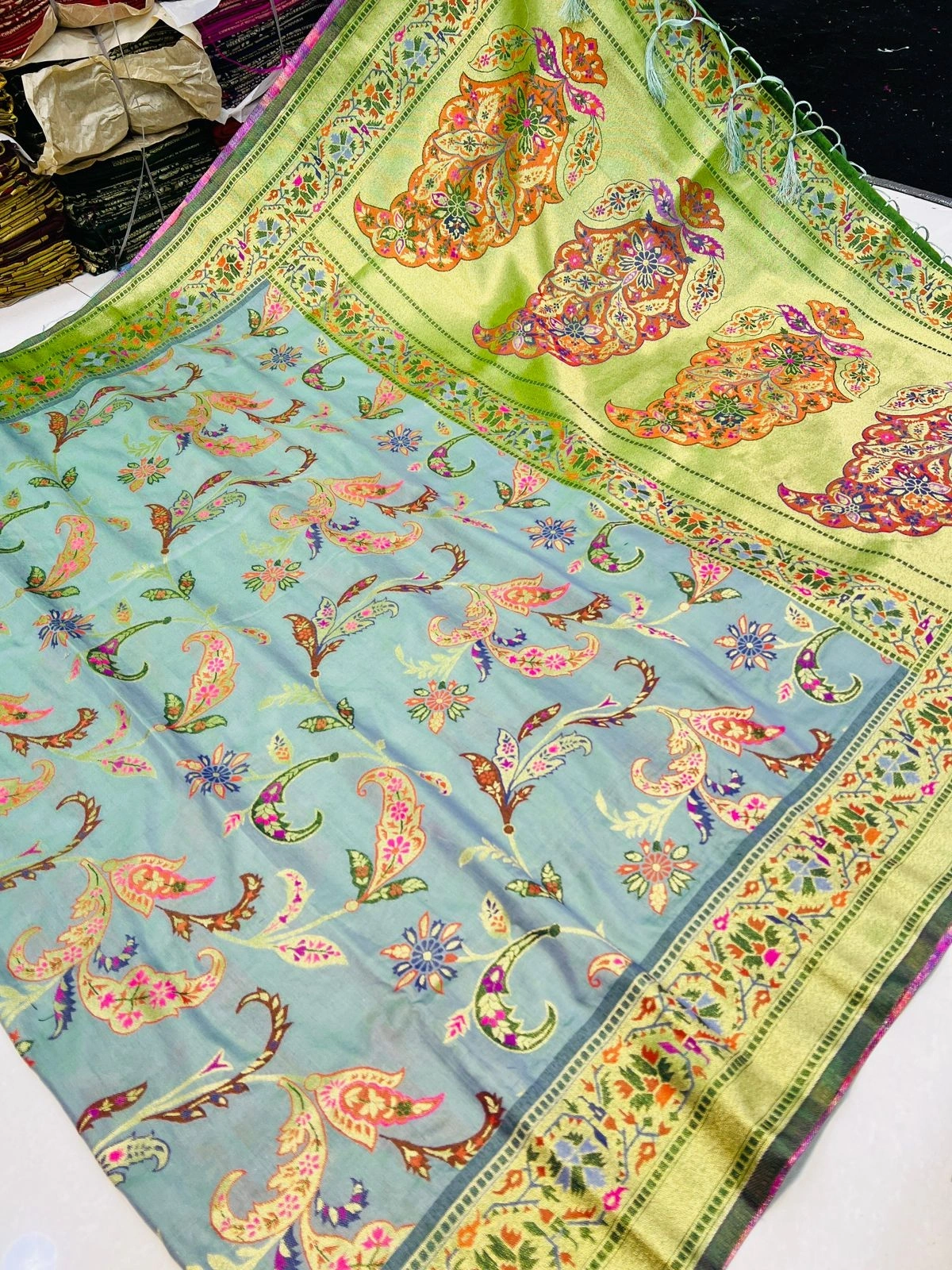 Pure Pashmina Silk Saree: Exquisite Weaving and Colorful Meena Work-Pista-3