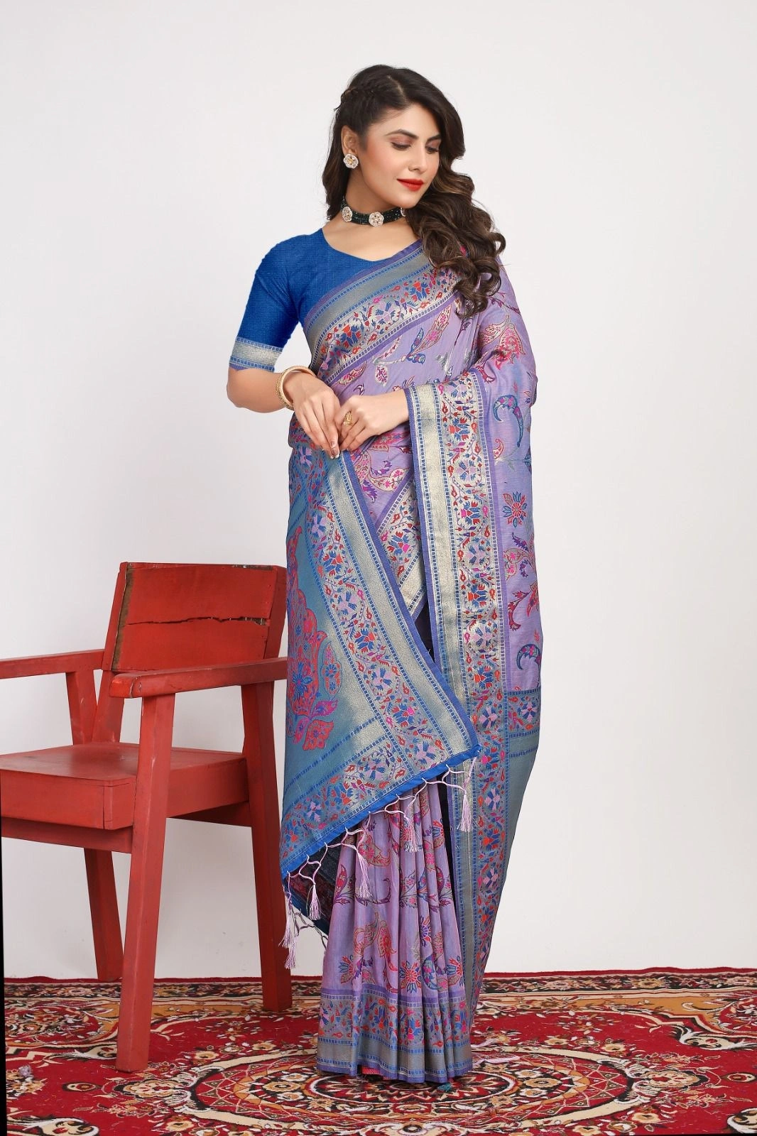 Pure Pashmina Silk Saree: Exquisite Weaving and Colorful Meena Work-POLI-01-Blue