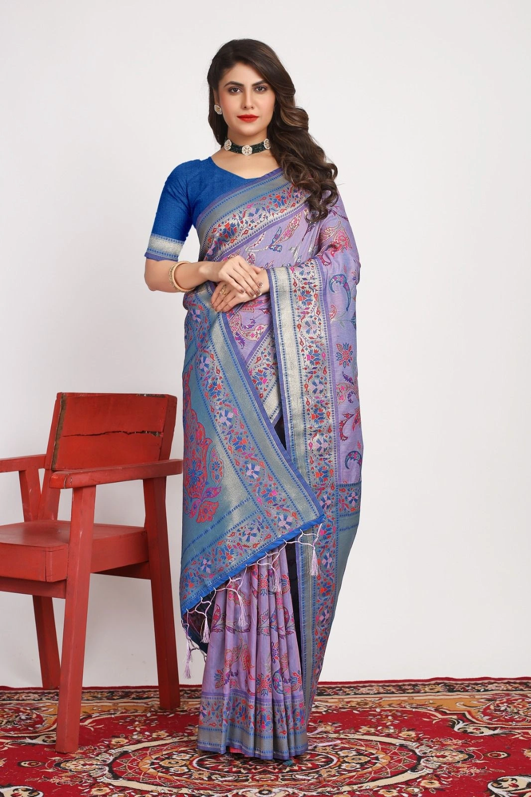 Pure Pashmina Silk Saree: Exquisite Weaving and Colorful Meena Work-Blue-1